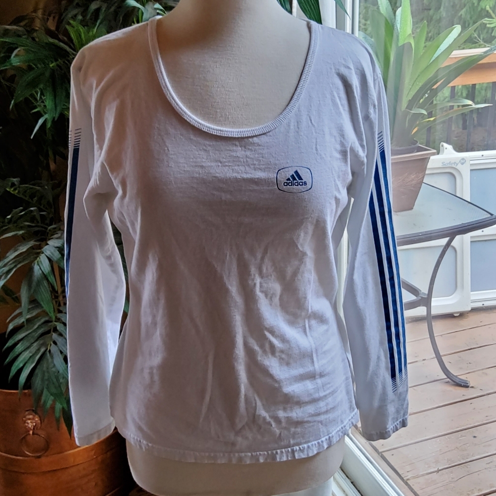 Adidas White Long Sleeve Tee Shirt with Blue Accent Stripes